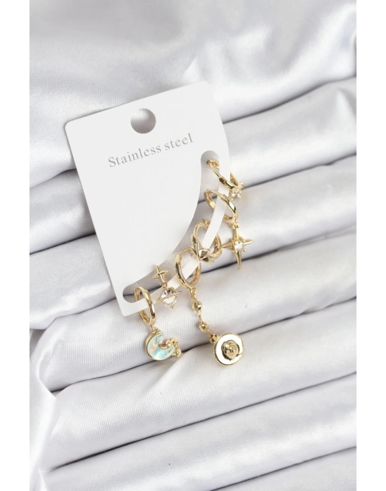 ÇOK SATAN Pirinç Gold Renk Ay Model Kadın Set Küpe