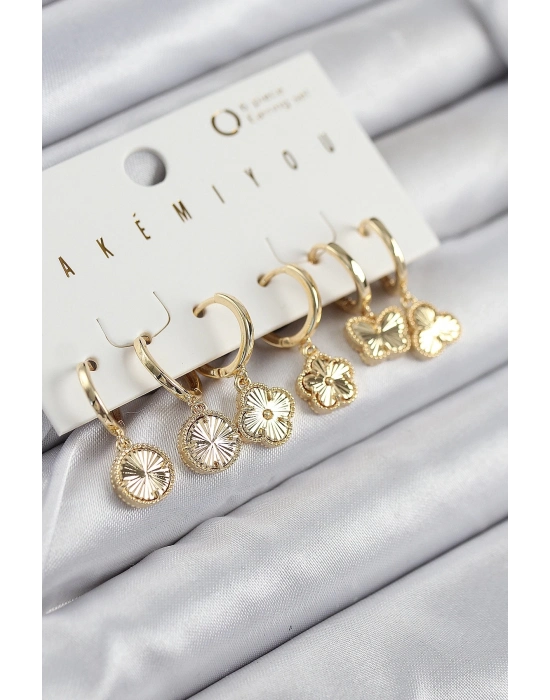 ÇOK SATAN Pirinç Zirkon Taşlı Yonca Model Gold Renk 6lı Küpe Set