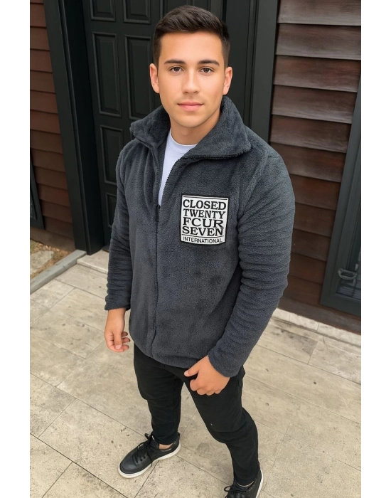 Polar Fermuarlı Sweatshirt – Kapüşonsuz, Cepli, Yumuşak Dokulu, Oversize Rahat Kalıp, Kışlık Sıcak Tutan Fermuarlı Üst - Füme