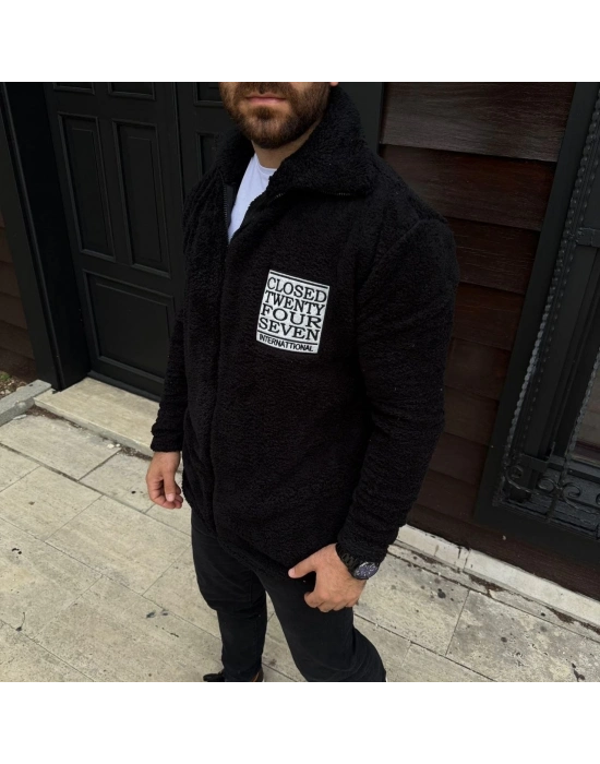 Polar Fermuarlı Sweatshirt – Kapüşonsuz, Cepli, Yumuşak Dokulu, Oversize Rahat Kalıp, Kışlık Sıcak Tutan Fermuarlı Üst - Siyah