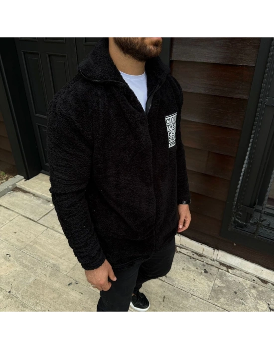 Polar Fermuarlı Sweatshirt – Kapüşonsuz, Cepli, Yumuşak Dokulu, Oversize Rahat Kalıp, Kışlık Sıcak Tutan Fermuarlı Üst - Siyah
