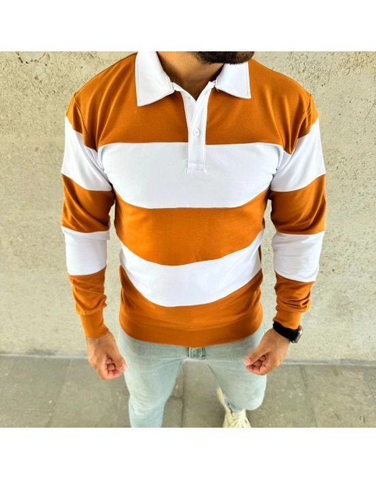 Polo Yaka Uzun Kollu Çizgili Sweatshirt Trend Rugby Stil - Turuncu