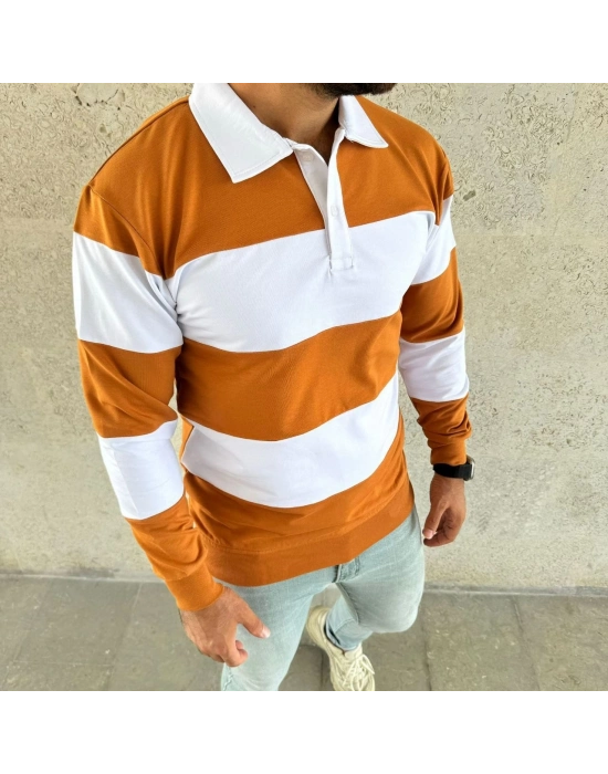 Polo Yaka Uzun Kollu Çizgili Sweatshirt Trend Rugby Stil - Turuncu