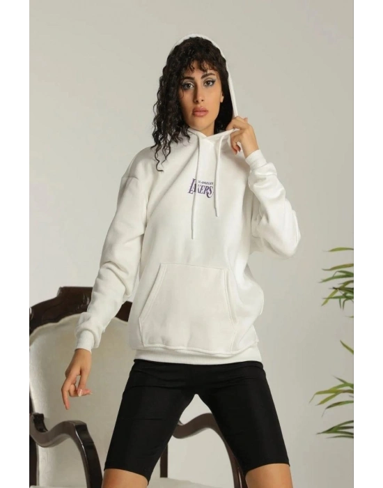 24 Sırt Baskılı Ovresize Üç İplik Kapüşonlu Sweatshirt - Beyaz