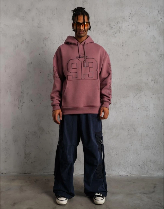 93 Dijital Parça Baskılı Kapşonlu Sweat - Gül Kurusu