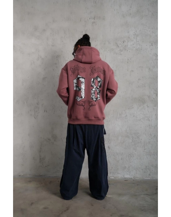 98 Baskılı Kapşonlu Sweat - Gül Kurusu