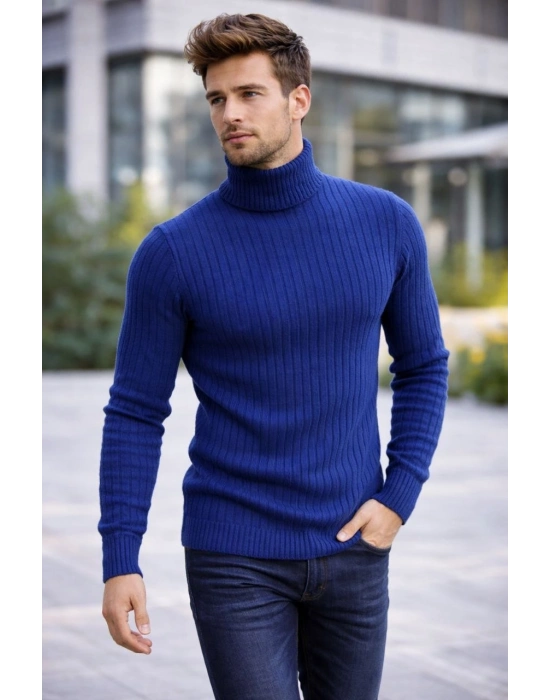 Balıkcı Yaka Bağazlı Triko Kazak Pamuklu Kalın Fitilli Dokuma, Regular Fit Uzun Kollu Kışlık Model - İndigo