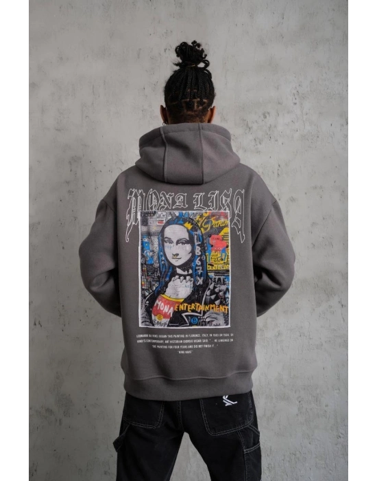 Baskılı Kapüşonlu ve Kanguru Cepli Sweat- Gri