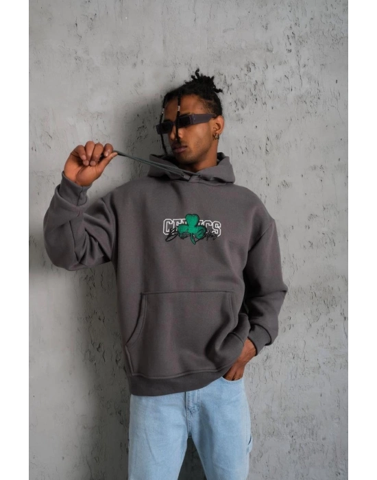Baskılı Kapüşonlu ve Kordon İpli Sweat - Gri