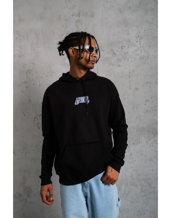 Baskılı Oversize Üç İplik Kapüşonlu Sweatshirt - Siyah