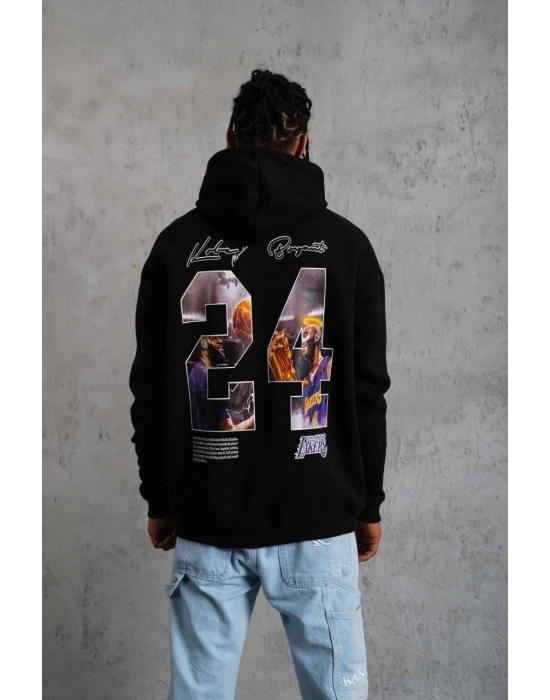 Baskılı Oversize Üç İplik Kapüşonlu Sweatshirt - Siyah