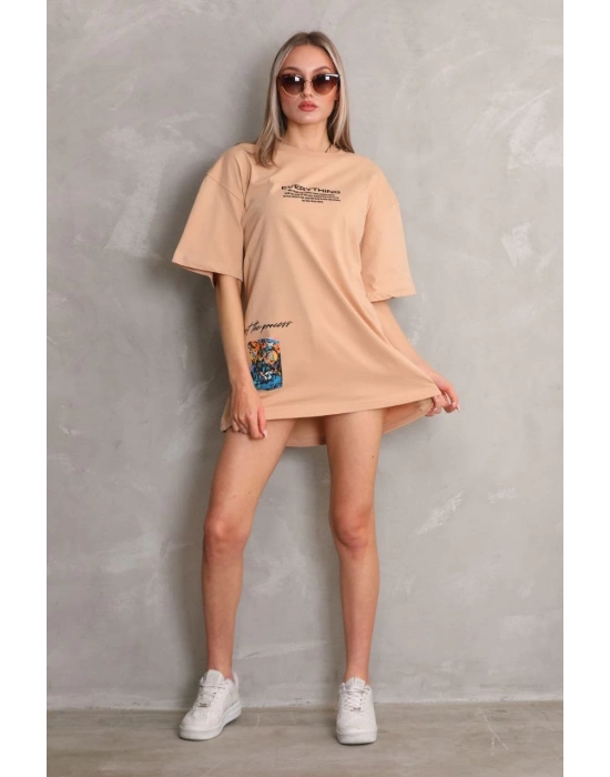 Bisiklet Yaka Baskılı Oversize T-Shirt - Bej