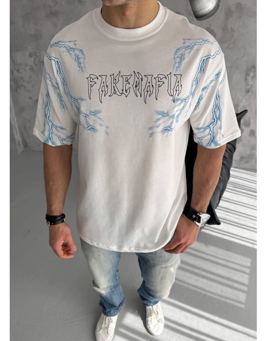 Bisiklet Yaka Baskılı Oversize T-Shirt - Beyaz