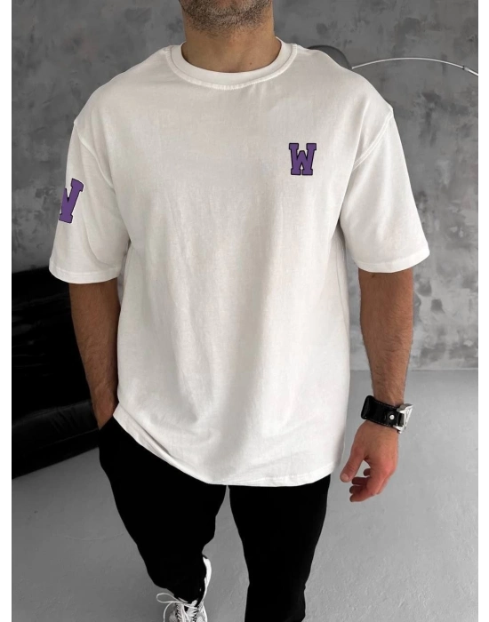 Bisiklet Yaka Baskılı Oversize T-Shirt - Beyaz