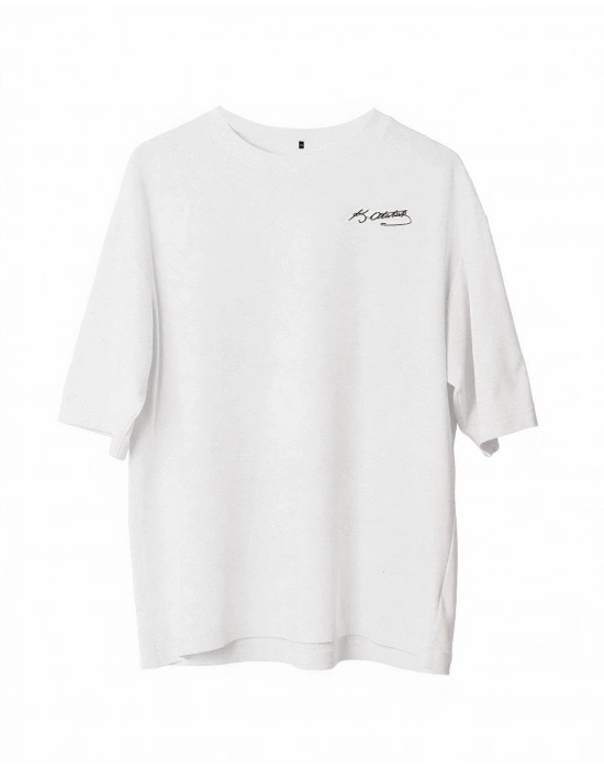 Bisiklet Yaka Baskılı Oversize T-Shirt - Beyaz