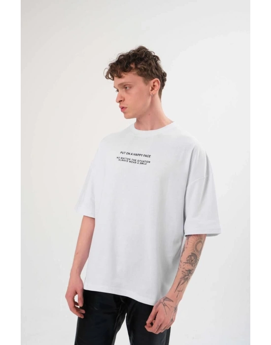 Bisiklet Yaka Baskılı Oversize T-Shirt - Beyaz