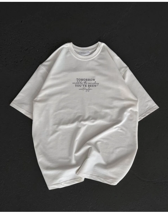 Bisiklet Yaka Baskılı Oversize T-Shirt - Beyaz