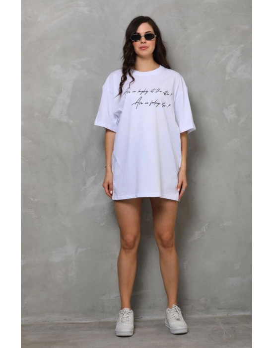 Bisiklet Yaka Baskılı Oversize T-Shirt - Beyaz