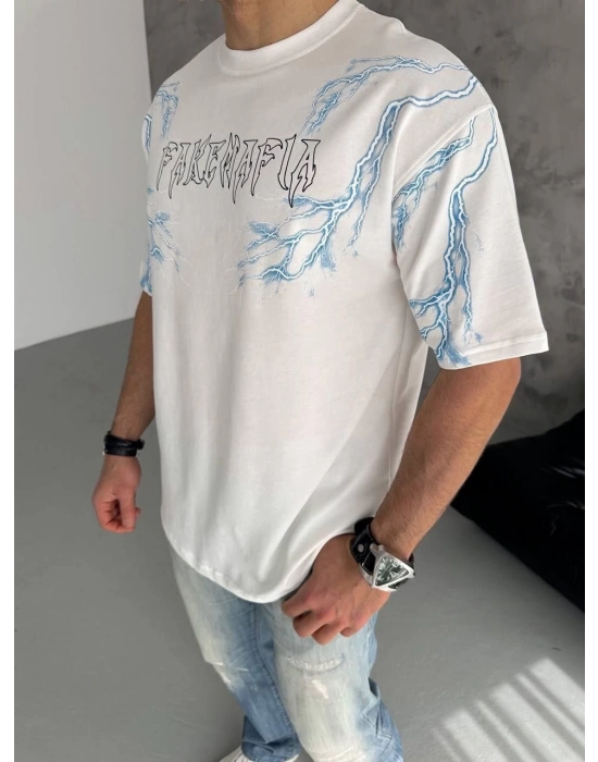 Bisiklet Yaka Baskılı Oversize T-Shirt - Beyaz