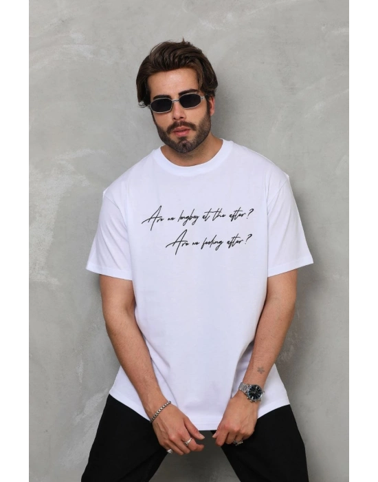 Bisiklet Yaka Baskılı Oversize T-Shirt - Beyaz