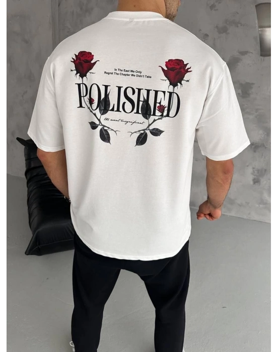 Bisiklet Yaka Baskılı Oversize T-Shirt - Beyaz