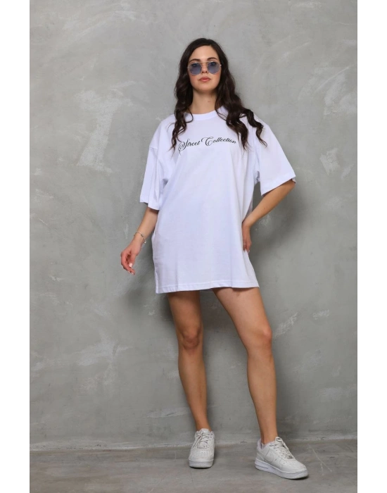 Bisiklet Yaka Baskılı Oversize T-Shirt - Beyaz