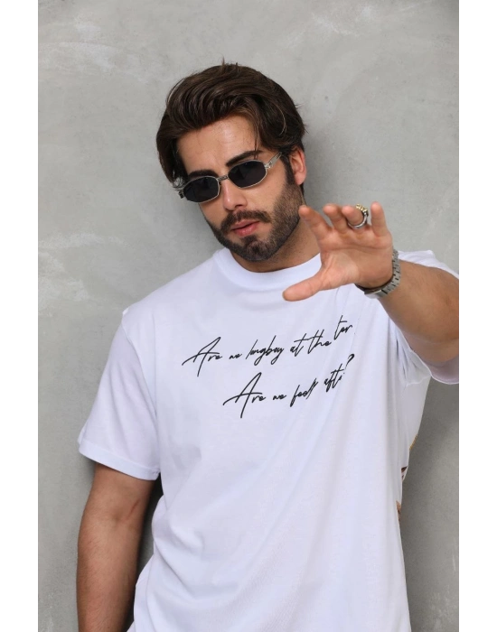 Bisiklet Yaka Baskılı Oversize T-Shirt - Beyaz