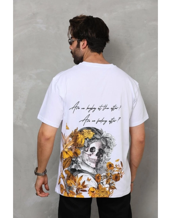 Bisiklet Yaka Baskılı Oversize T-Shirt - Beyaz