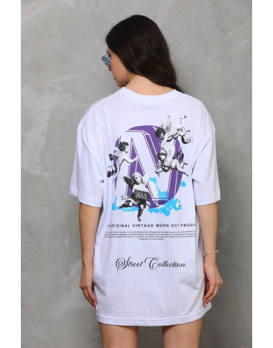 Bisiklet Yaka Baskılı Oversize T-Shirt - Beyaz