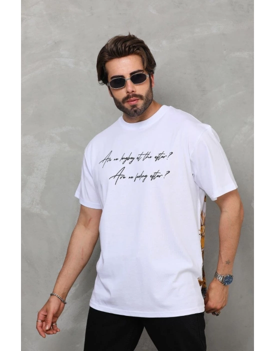 Bisiklet Yaka Baskılı Oversize T-Shirt - Beyaz