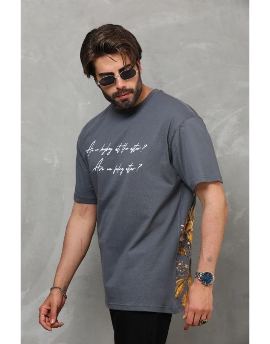 Bisiklet Yaka Baskılı Oversize T-Shirt - Füme