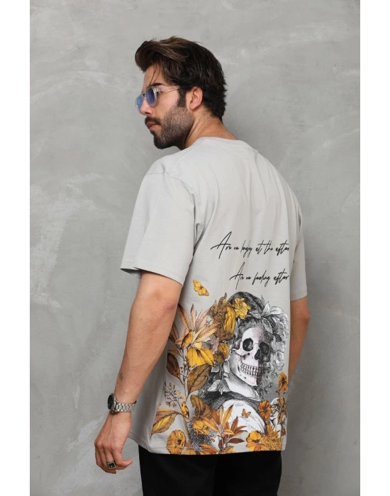 Bisiklet Yaka Baskılı Oversize T-Shirt - Gri