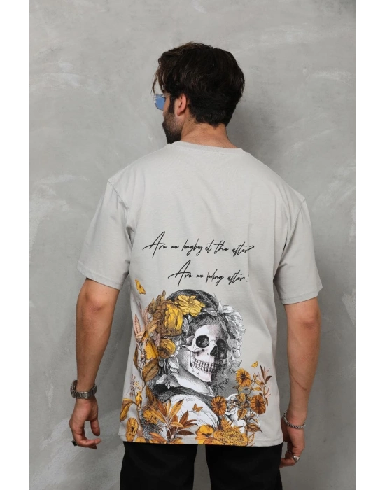 Bisiklet Yaka Baskılı Oversize T-Shirt - Gri