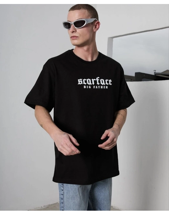 Bisiklet Yaka Baskılı Oversize T-Shirt - Siyah