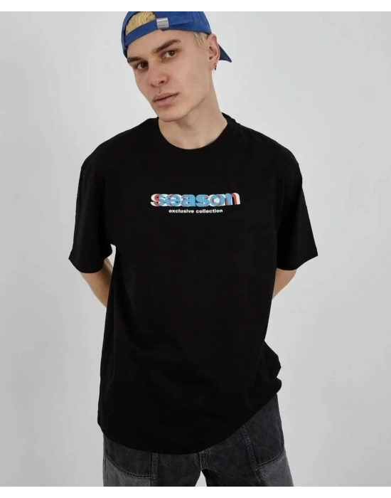 Bisiklet Yaka Baskılı Oversize T-Shirt - Siyah