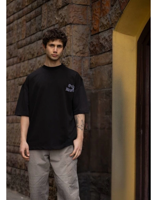 Bisiklet Yaka Baskılı Oversize T-Shirt - Siyah