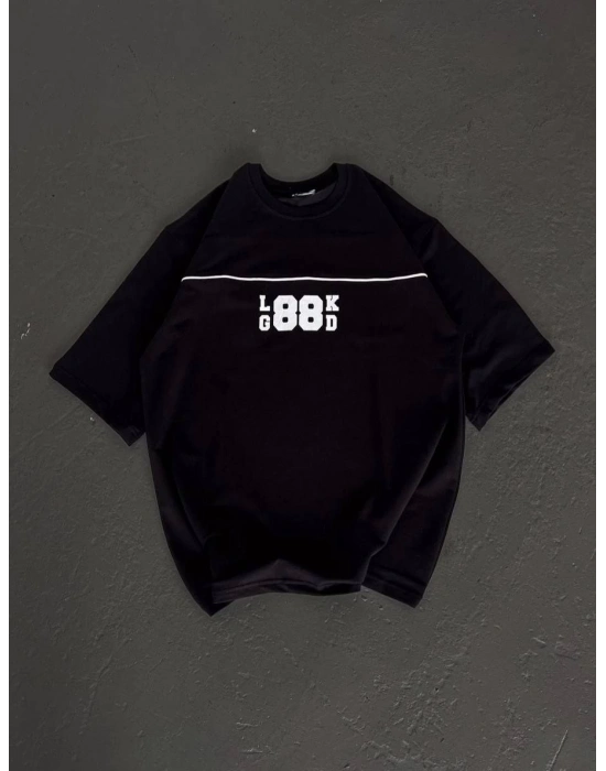 Bisiklet Yaka Baskılı Oversize T-Shirt - Siyah