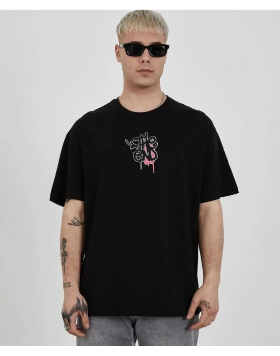 Bisiklet Yaka Baskılı Oversize T-Shirt - Siyah