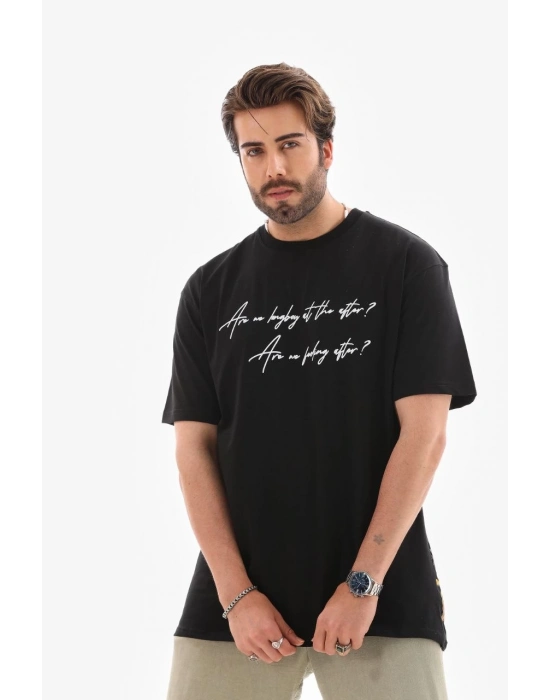 Bisiklet Yaka Baskılı Oversize T-Shirt - Siyah