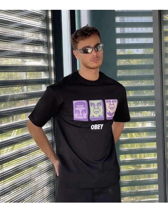 Bisiklet Yaka Baskılı Oversize T-Shirt - Siyah