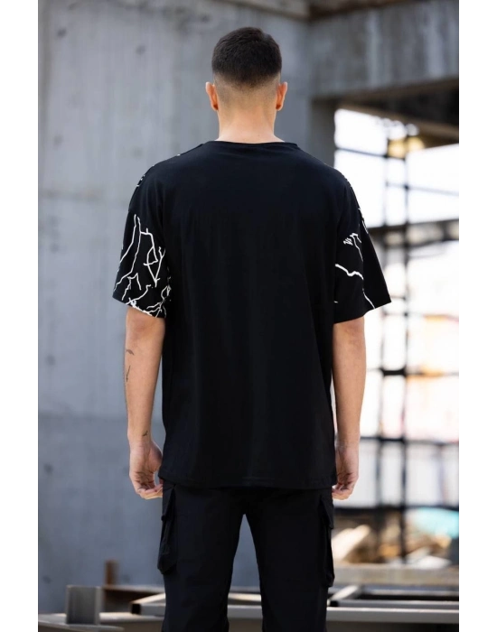 Bisiklet Yaka Baskılı Oversize T-Shirt - Siyah