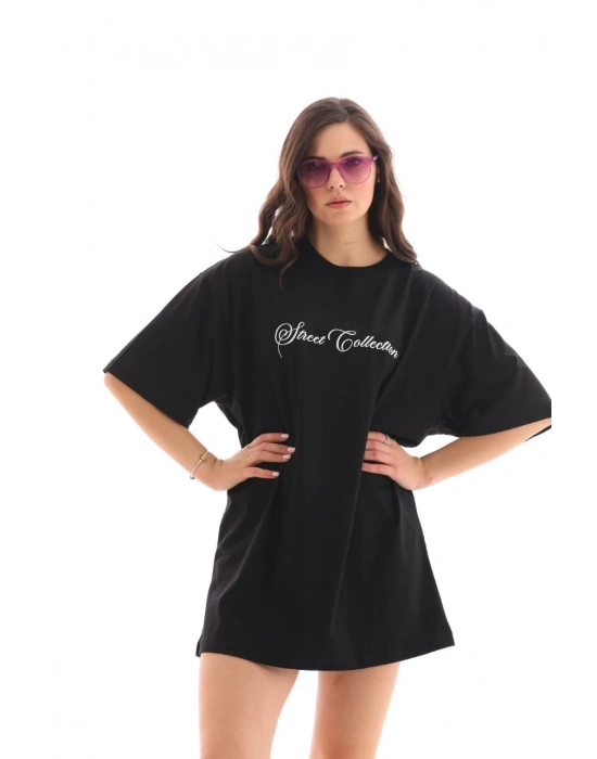 Bisiklet Yaka Baskılı Oversize T-Shirt - Siyah