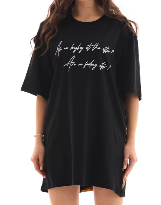 Bisiklet Yaka Baskılı Oversize T-Shirt - Siyah