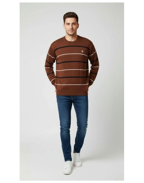 Bisiklet Yaka Cizgili Triko Kazak yumuşak dokulu Pamuklu ince Dokuma, uzun kollu Rahat Regular kalıp - Kahverengi