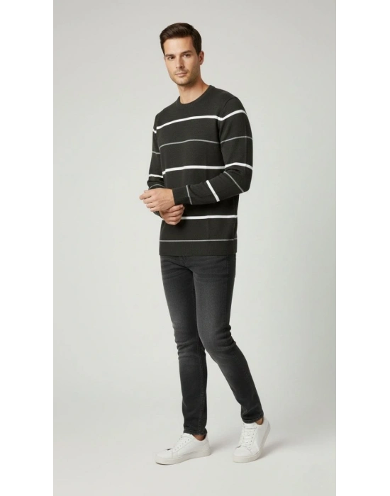 Bisiklet Yaka Cizgili Triko Kazak yumuşak dokulu Pamuklu ince Dokuma, uzun kollu Rahat Regular kalıp - Füme