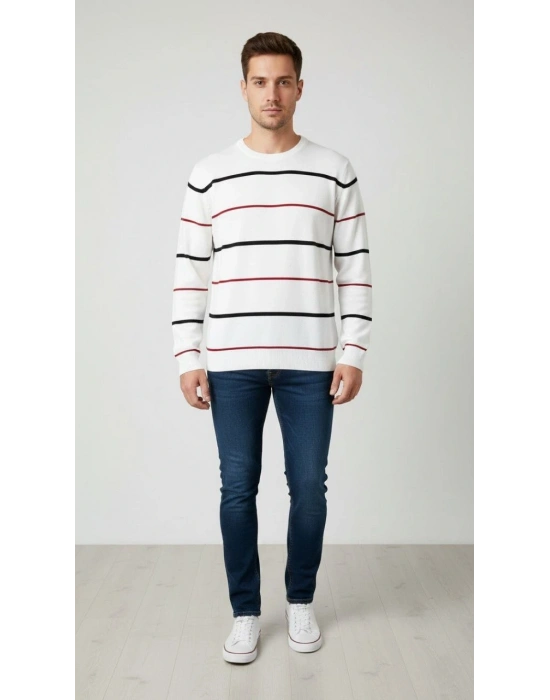 Bisiklet Yaka Cizgili Triko Kazak yumuşak dokulu Pamuklu ince Dokuma, uzun kollu Rahat Regular kalıp - Beyaz