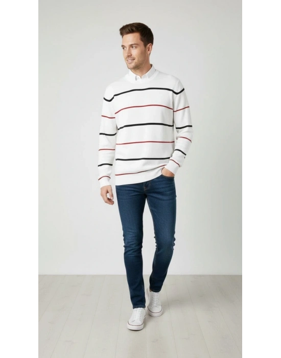 Bisiklet Yaka Cizgili Triko Kazak yumuşak dokulu Pamuklu ince Dokuma, uzun kollu Rahat Regular kalıp - Beyaz