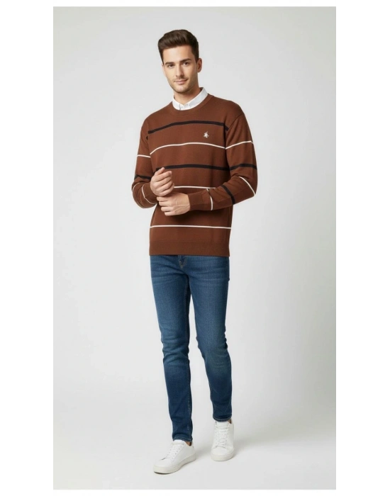 Bisiklet Yaka Cizgili Triko Kazak yumuşak dokulu Pamuklu ince Dokuma, uzun kollu Rahat Regular kalıp - Kahverengi