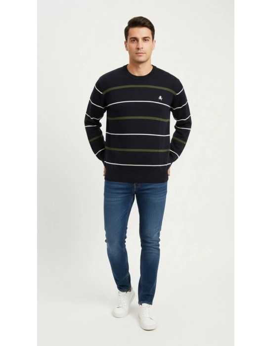 Bisiklet Yaka Cizgili Triko Kazak yumuşak dokulu Pamuklu ince Dokuma, uzun kollu Rahat Regular kalıp - Lacivert