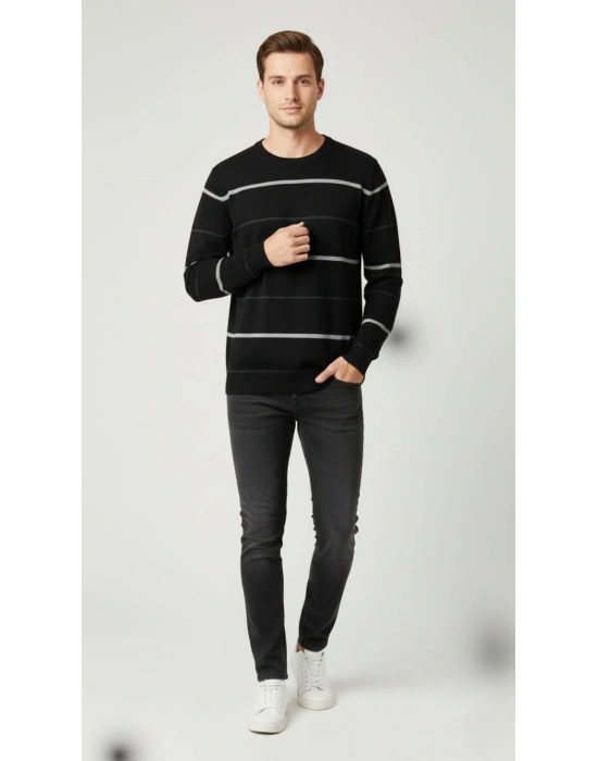 Bisiklet Yaka Cizgili Triko Kazak yumuşak dokulu Pamuklu ince Dokuma, uzun kollu Rahat Regular kalıp - Siyah